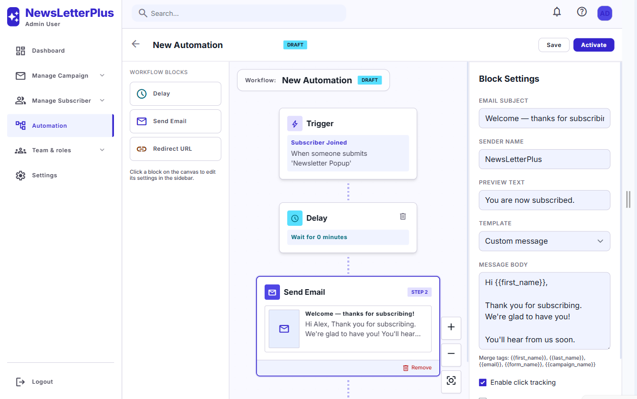 Automation workflow builder with trigger, delay, and send email steps
